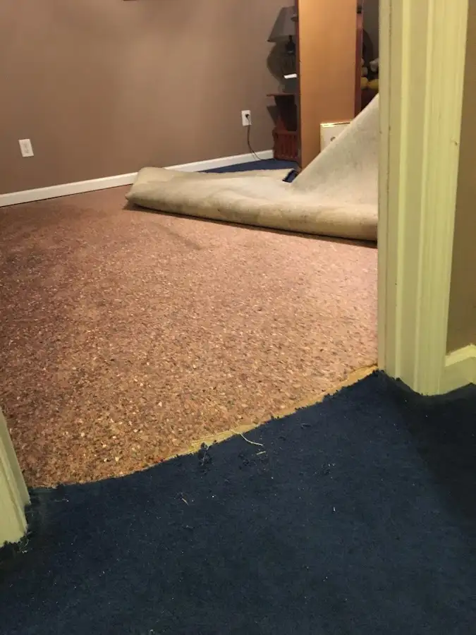 Carpet pad removal revealing water damage during Water Mitigation Services in Tarrytown